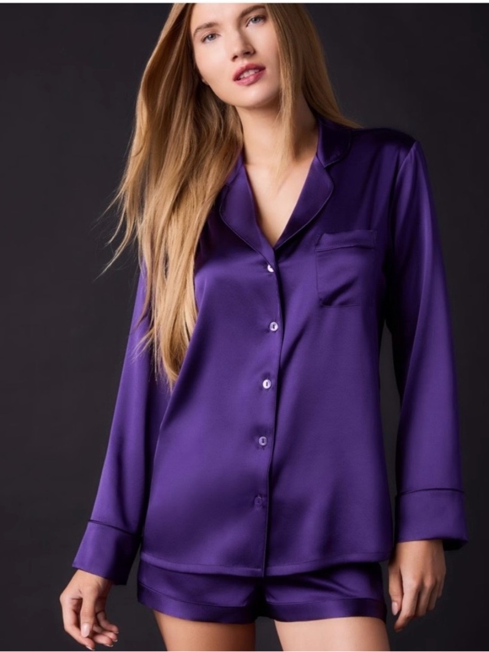 Journelle Silk Collared Long Sleeve Pajama Top Deep Purple Size S